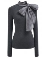 Organza Bowknot Neckline Knit Top in Smoke