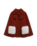 Bowknot Decor Faux Fur Pocket Buttoned Knit Cape Coat in Red