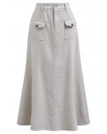 Front Flap Pockets Mermaid Denim Midi Skirt in Ivory