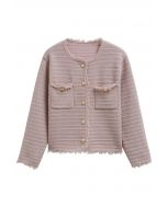 Tassel Edge Metallic Mix Knit Cardigan in Light Pink