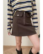 Effortless Charm Flap Pocket Zipper Mini Skirt in Brown