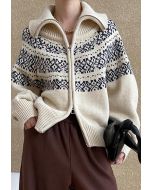 Double-Zip Fair Isle Jacquard Knit Cardigan in Cream