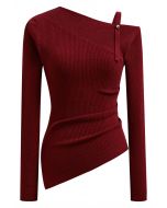 One-Shoulder Ruched Asymmetric Hem Knit Top in Red