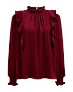 Black Stitch Ruffle Puff Sleeve Shirt in Red