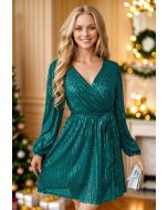 Glitter Glow Tie-Waist Wrap Mini Dress in Green