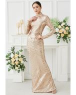 Geometric Sequin Mock Neck Mermaid Gown in Apricot