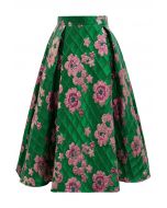 Falling Floral Grid Jacquard Midi Skirt in Green