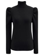 Turtleneck Gigot Sleeve Knit Top in Black