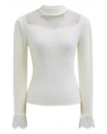 Choker Neck Lace Panel Fuzzy Knit Top in White