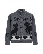 Bubbly Animal Button Down Ribbed Wool Cardigan in Smoke