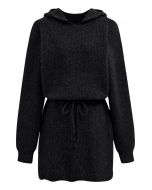 Drawstring Waist Hooded Ribbed Knit Sweater Dress in Black