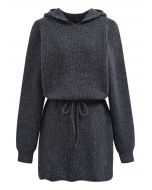 Drawstring Waist Hooded Ribbed Knit Sweater Dress in Smoke