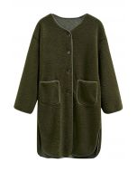 Collarless Button Down Sherpa Longline Coat in Army Green