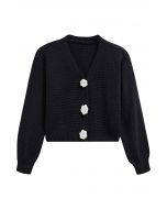 Stitch Rose Buttoned Crop Knit Cardigan in Black