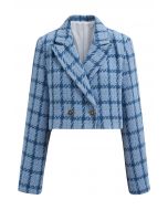 Check Tweed Padded Shoulder Cropped Blazer in Blue