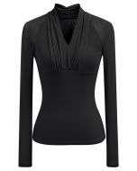 Ruched V-Neck Double-Layered Mesh Top in Black