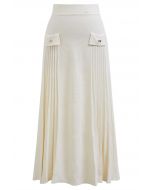 Little Bow Decorated Pleats Knit Maxi Skirt in Cream