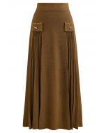 Little Bow Decorated Pleats Knit Maxi Skirt in Brown