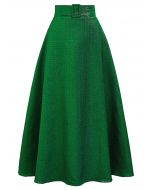 Metallic Embossed Belted A-Line Maxi Skirt in Green