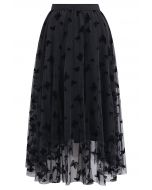 Waltzing Butterfly Mesh Tulle Midi Skirt in Black