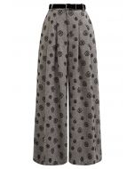 Velvet Rose Printed Herringbone Palazzo Pants with Belt in Khaki