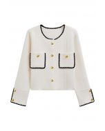 Contrast Whipstitch-Trimmed Buttoned Knit Cardigan in Ivory