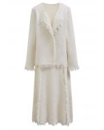 Tassel Trim Knit Cardigan and Skirt Set in Ivory