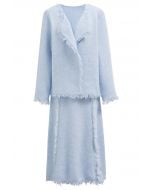 Tassel Trim Knit Cardigan and Skirt Set in Baby Blue