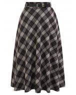 Distinctive Plaid Belted Midi Skirt in Black