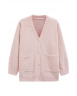 Patch Pocket Button Down Fluffy Knit Cardigan in Pink