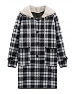 Detachable Hooded Collared Button Down Knit Coat in Plaid