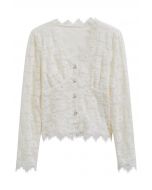 Full Floral Lace Button Up Top in Cream