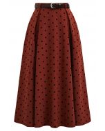 Velvet Polka Dot Belted A-Line Midi Skirt