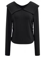 Flap Collar Ruched Side Long Sleeve Top in Black