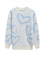 Lovable Heart Crew Neck Knit Sweater in Baby Blue