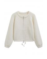 Drawstring Zipper Ribbed Knit Cardigan in Ivory