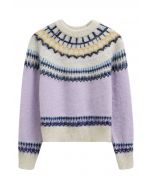 Multicolored Fair Isle Fuzzy Knit Sweater in Lilac