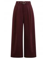 Urban-Casual Pleats Wide-Leg Pants with Belt in Burgundy