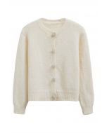 Starburst Rhinestone Snap Button Fuzzy Knit Cardigan in Cream