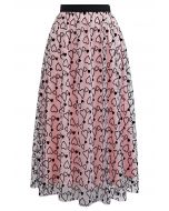 Endearing Velvet Heart Mesh Midi Skirt in Pink