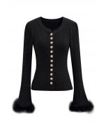 Feather Trim Cuff Golden Button Knit Top in Black