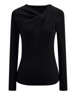 Twist Neckline Ribbed Knit Top in Black