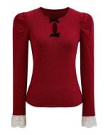 Dainty Bow Lace Cuff Knit Top in Red