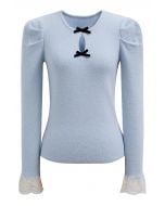 Dainty Bow Lace Cuff Knit Top in Baby Blue