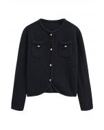 Gleaming Fringe Trim Buttoned Knit Cardigan in Black