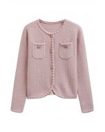 Gleaming Fringe Trim Buttoned Knit Cardigan in Pink