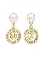 Vintage Gold Coin Pearl Drop Eearrings