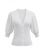 Bubble Sleeve V-Neck Buttoned Knit Top in White