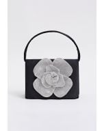 Radiant Rose Embellished Satin Handbag in Black