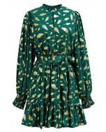 Golden Leaf Printed Tie-Sash Mini Dress in Green